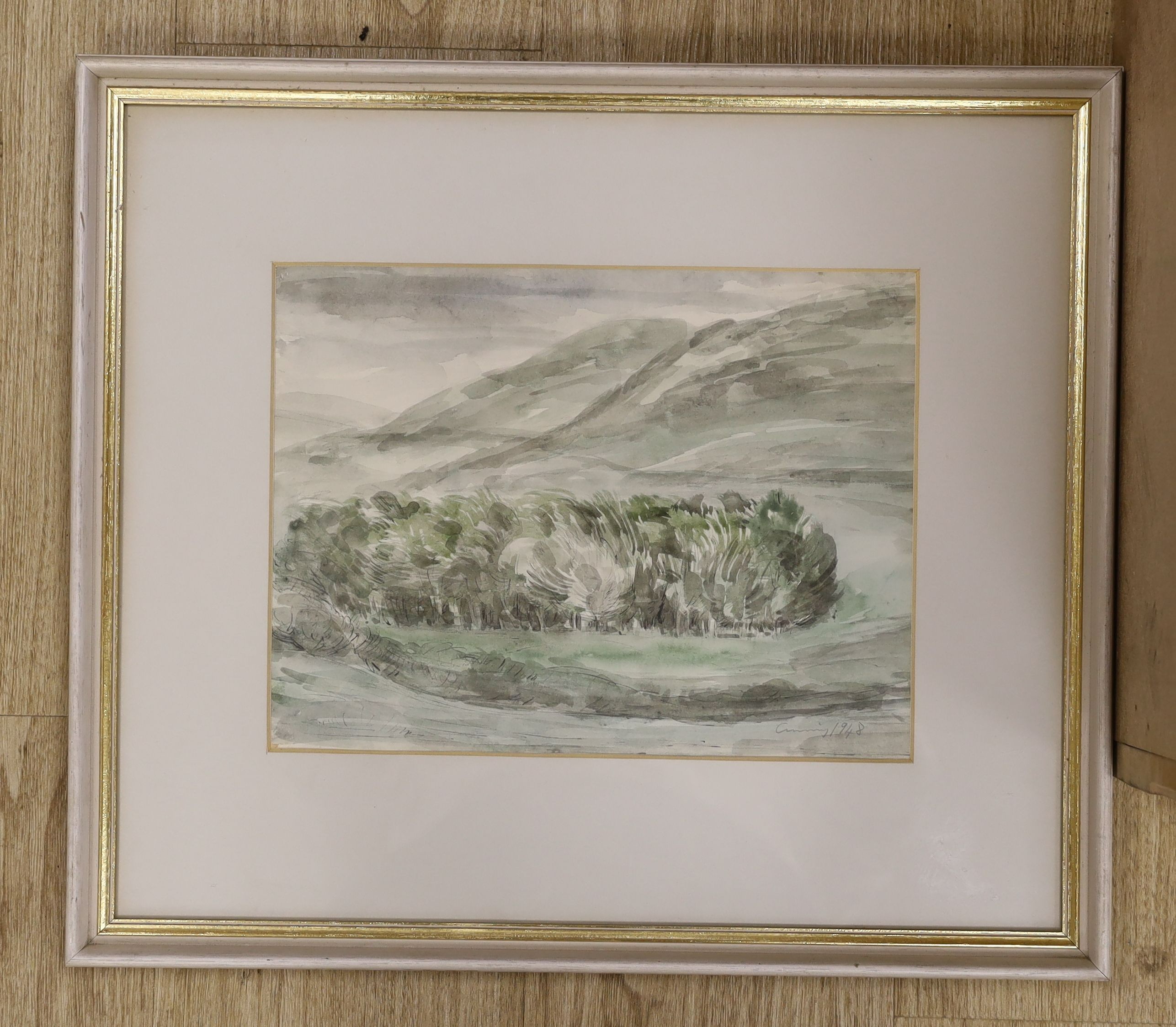 Attributed to Fred Cuming (1930-), ink and watercolour, Trees in a windy landscape, signed in pencil and dated 1948, 24 x 31cm